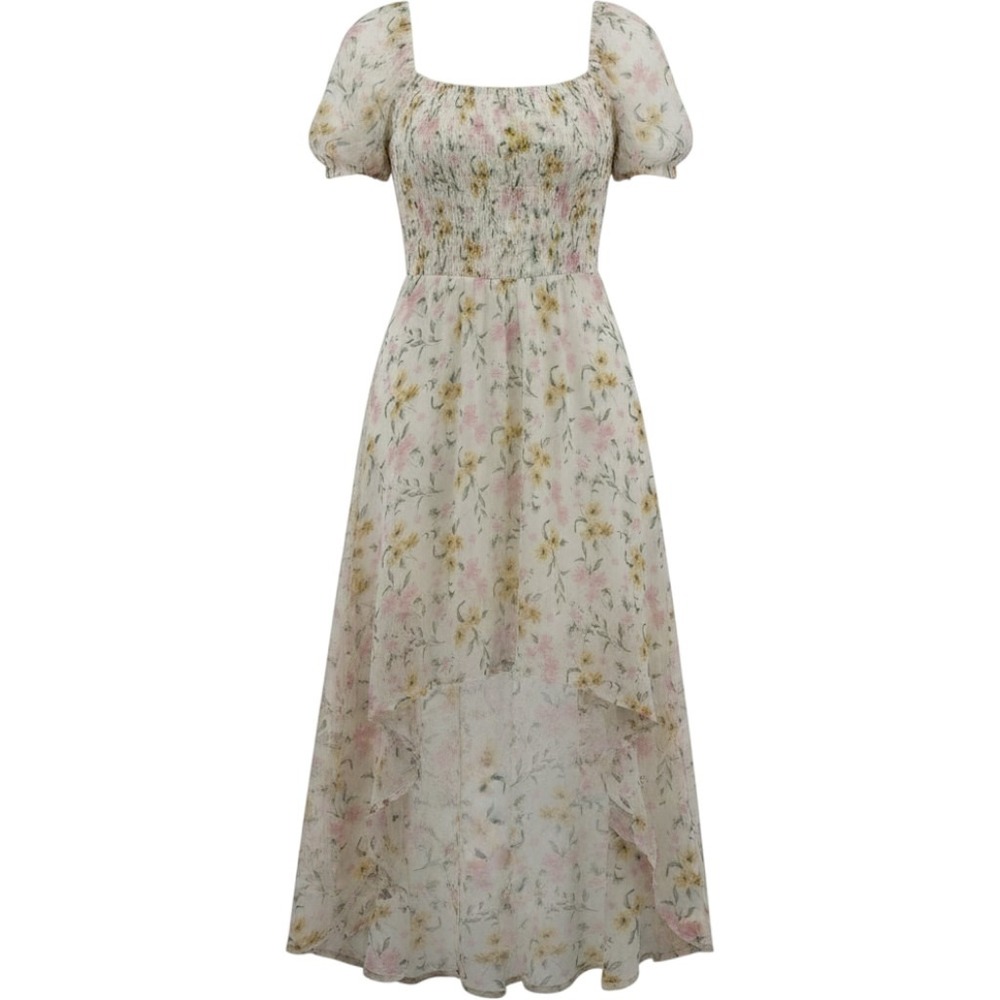 Lily Rose Floral High-Low Dress Smocked Puff Sleeve Cream Lurex Womens Size L